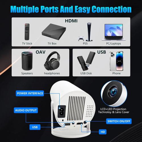 Mini Projector, Support 4K 1080P HY300 Portable Projector with Dual Band WIFI6 5G Wireless 5.0 Bluetooth Android 11, 180°Rotatable, 150 ANSI Auto Keystone Correction, 40-130 Screen Video Projector