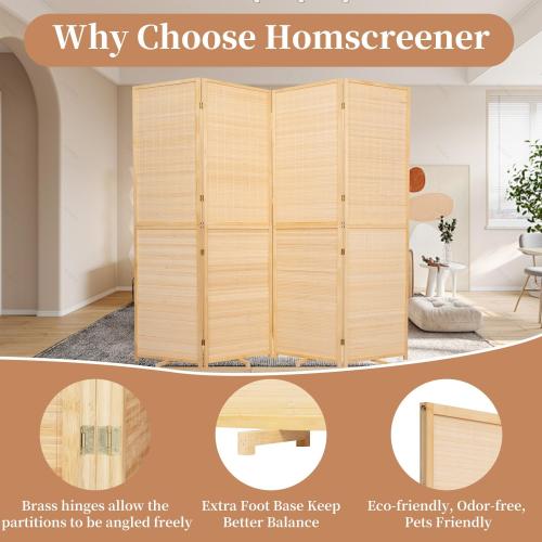 Room Divider Folding Privacy Screens,Hand-Made Natural Bamboo Room Dividers | Freestanding & 2-in-1 Function, Effortless Setup, 4 Panel Wall Divider(67''Hx70.8''W),Portable Room Partitions and Separators