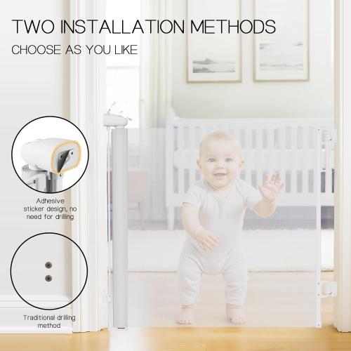 Baby Gate for Stairs Doorways No Drilling Adhesive Dog Gate Indoor Dual Lock ，180°Rotation Child Gate Extra Wide Safety Mesh Retractable Roll Up Baby Gate Pet Gate(Up to 71 Inches)