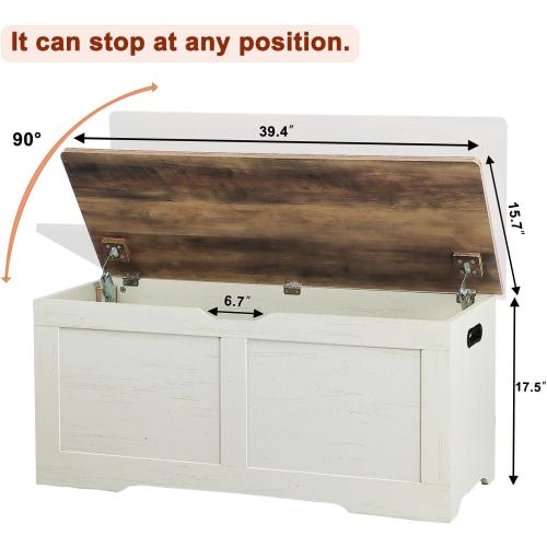 39.4 Storage Chest, Wooden Storage Bench, Lift Top Toy Chest | Large Toy Box with 2 Safety Hinges, Entryway Bench for Bedroom, Living Room, Brown and Rustic White