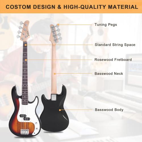 GLARRY Full Size Electric Bass Guitar Beginner Kit 4 String Exquisite Basswood Bass with 20W AMP, Cable, Strap, Bag and Accessories (Sunset, 39Right Handed)