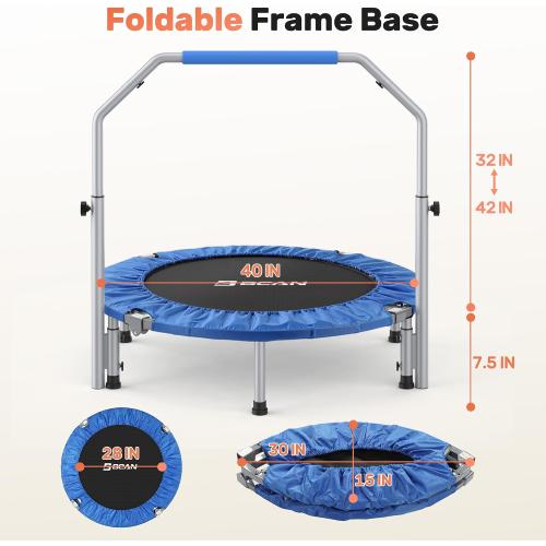 BCAN 40/48 Foldable Mini Trampoline Max Load 330lbs/440lbs, Fitness Rebounder with Adjustable Foam Handle, Exercise Trampoline for Adults Indoor/Garden Workout