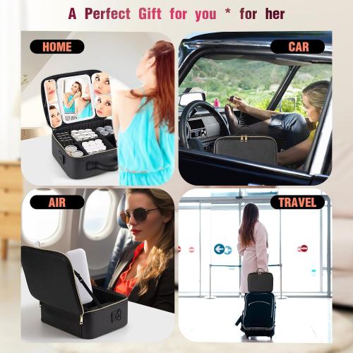 Mid-Size Makeup Bag with LED 1X5X10X20X30X Magnifying Mirror and Travel Makeup Train Case Cosmetic Organiser with Mirror and Separate Makeup Brush Panel, Portable Adjustable Divider, Black