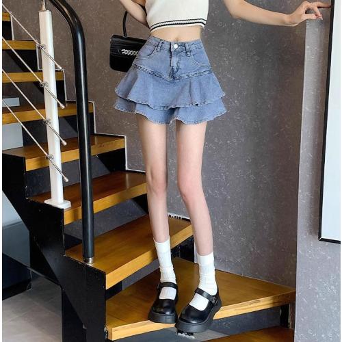 Size XL SMIUPIN Women's Casual Denim Mini Skirt Ruffled Slim A-line Pleated Jean Short Skirt