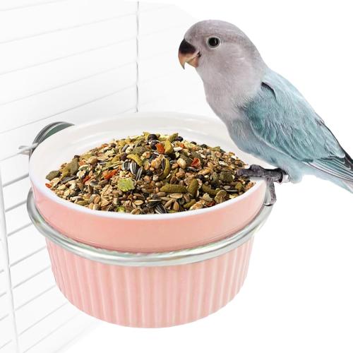 Bird Cage Feeder Parrot Food Cage Bowl Clamp Holder Coop Cup, Ceramic Bird Cage Water Bowl, Pet Feeder Cage for Parakeet African Greys Conure Cockatiels Lovebird Budgie Chinchilla-Pink