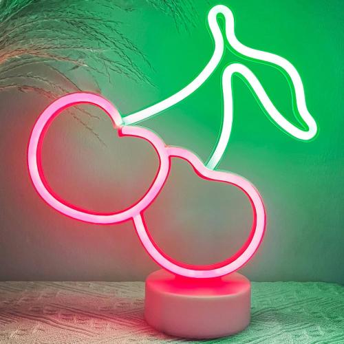 Cherry Neon Sign Lights LED Lamp Cherry Decor Birthday Party Decorations, Green Red Accessories for Women Fruit Gifts, USB/Battery Operated Neon Sign for Table Decor Room Home Girls Bedroom
