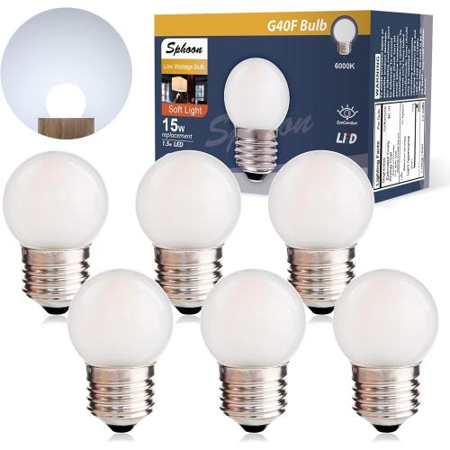 Globe Led Low Watt Light Bulbs 1.5W Equivalent 15 watt Soft White 6000k Frosted, Tiny G40 Bulbs for Bed-Side Table, Vanity Mirror, Porch, Home Decor, E26 Base Low Lumens Light Bulbs, Pack of 6