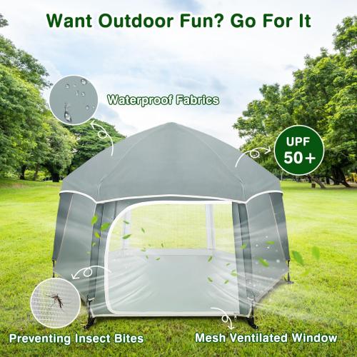 Zooawa Pop Up Playpen for Baby, Portable Playpen for Babies and Toddlers with Removable Sun-Shades& 2 Side UV Covers, Lightweight Outdoor Baby Playpen for Beach Home with Travel Bag,Light Gray