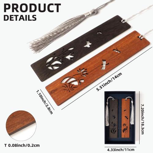 Wooden Bookmarks, Yaasilinage Unique Nature Wood Handmade Carving Bookmarks for Women Men, Cute Flower Dragonfly Butterfly Hollow Carving Aesthetic Book Bookmarks Set of 2 with Gift Box