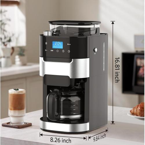 10-Cup Drip Coffee Maker with Built-in Grinder, Programmable Grind & Brew, 220g Bean Hopper, Adjustable Grind Size & Coffee Strength, Descaling Alert, 24H Timer, 2H Keep Warm, LED Touchscreen