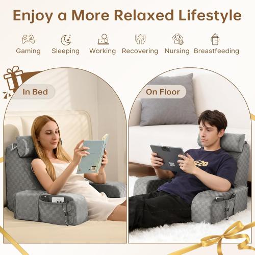 Vekkia Reading Pillow for Adults – Ergonomic 45° Wedge Back Support Chair for Sitting in Bed, XL Side Pockets, Perfect for Working, Gaming, Watching TV, Relaxing, or Recovery, Great Gift Idea, 19”