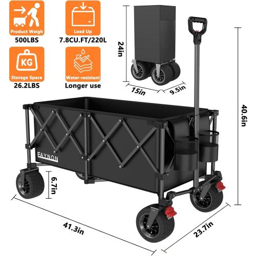 42 L Collapsible Foldable Wagon, 500LB Weight Capacity with 220L Heavy Duty Folding Cart,Utility Wagon with Big All-Terrain Beach Wheel, Drink Holders and 2 Bungee Cords,Black