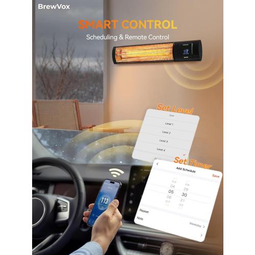 BrewVox 1500W Carbon Infrared Electric Outdoor Patio Heater with Thermostat, Horizontal & Vertical, Smart App-Controlled Scheduling & Remote On/Off, IP65 Weatherproof, Overheat Protection, 24H Timer