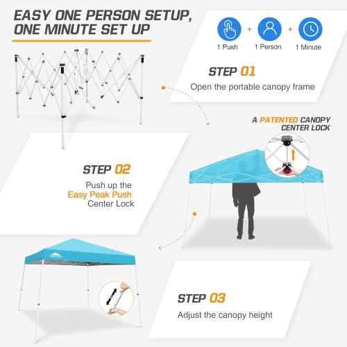 EAGLE PEAK 10x10 Slant Leg Pop-up Canopy Tent Easy One Person Setup Instant Outdoor Beach Canopy Folding Portable Sports Shelter 10x10 Base 8x8 Top (Light Blue)