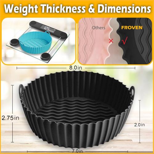 8 Inch Air Fryer Liners for Ninja AF100 AF101 AF141 AF150 AF161 XL (2 Pack) Black & Cyan Silicone Liners with Handles for 3–6 QT AirFryer COSORI, Gourmia and more – Reusable Nonstick Inserts