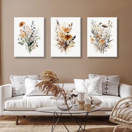 Bwodke Framed Wildflower Wall Art Colorful Botanical Floral Poster Canvas Prints Set of 3 Minimalist Watercolor Flower Pictures Vintage Farmhouse Decor Painting Bedroom Bathroom Living Room 16x24