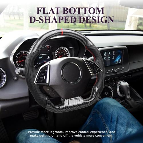 Steering Wheel for Camaro 2015-2024 Hydro Dip Carbon Fiber Steering Wheel with D-shaped Flat-bottom Perforated Leather Grip Hand-Stitched Compatible with Camaro