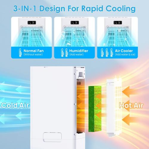 Windowless Portable Air Conditioners, 6L Swamp Cooler, 3-IN-1 Evaporative Air Cooler with 4 Ice Packs, 4 Modes & 3 Speeds, Auto Oscillating, 12H Timer, Remote, Quiet Cooling Fan for Home