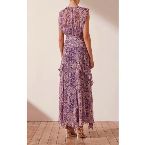 size L ...Catalpalev Ladies Temperament Chiffon Printed Round Neck Sleeveless Waist Long Dress Valentine's Day Date Prom Dresses