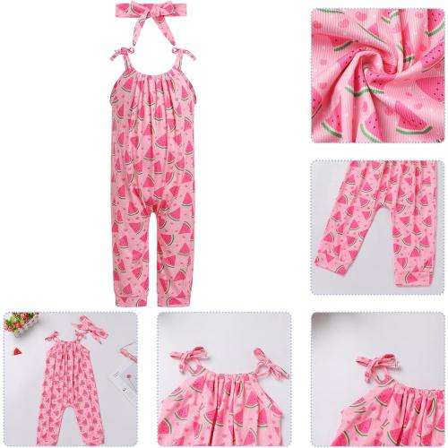 ODASDO Baby Girls Strawberry/Watermelon Printed Spaghetti Straps Jumpsuit Overalls Playsuit One-piece Leg Rompers