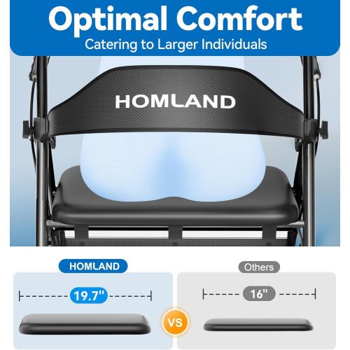 HOMLAND Bariatric Walkers for Seniors, 500lb Heavy Duty Rollator Walker, 19.7 Extra Wide Padded Seat, 8 All Terrain Foldable Rolling Walker with Dual-Height Adjustable