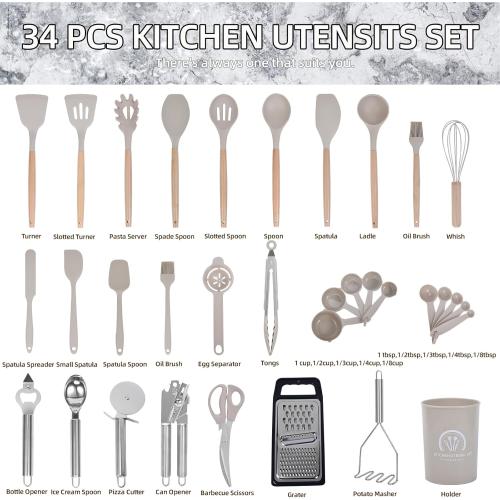 Kitchen Utensils Set-34 Pcs,Silicone Cooking Utensils Set for Nonstick Cookware,446℉Heat Resistance Silicone Spatulas Set, Wood Handle-Kitchen Gadgets Tools (Khaki)