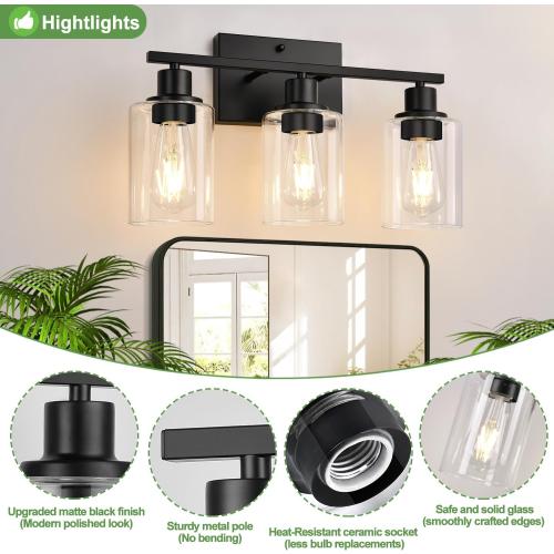 Black 3 Light Bathroom Light Fixtures, Matte Black Modern Vanity Lights with Clear Glass Shade, Bathroom Wall Lamp for Mirror Kitchen Living Room Hallway Cabinet Porch