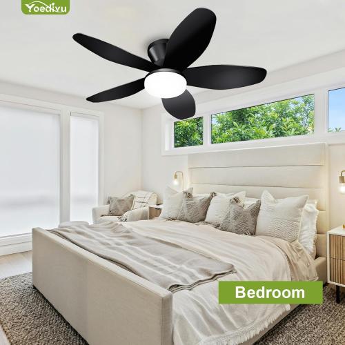 Ceiling Fans with Lights - 35 Inch Small Low Profile Ceiling Fan and Remote,Flush Mount Ceiling Fan with 5 Reversible Blades 6 Wind Speeds, Black Modern Ceiling Fans for Bedroom Kitchen