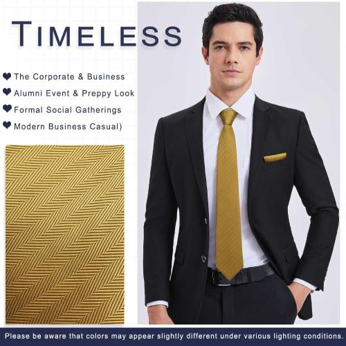 Color Gold HISDERN Mens Ties Striped Ties for Men Formal Tie and Pocket Square Set Necktie for Wedding Business Graduation