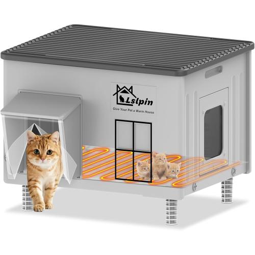 Large Heated Cat House for Outside Cats in Winter, Lslpin Weatherproof & Insulated Outdoor Feral Cat House with Escape Door,Outside Cats House Shelter with Heating Pad 21.6×16.9×17.5