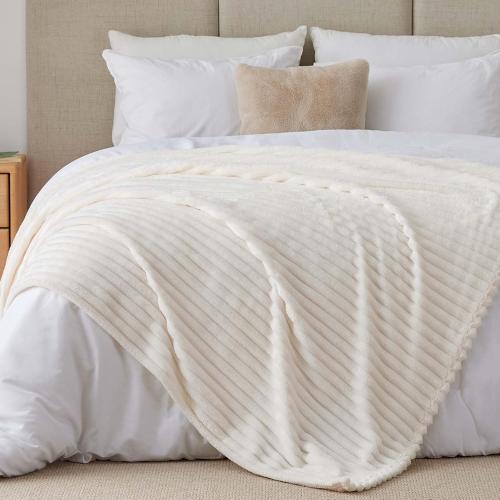 BEDELITE King Size Blanket for Bed, 300GSM Soft & Warm Fleece Blanket, Decorative and Giftable Striped Cream White Blankets for Women, Men, 108x90