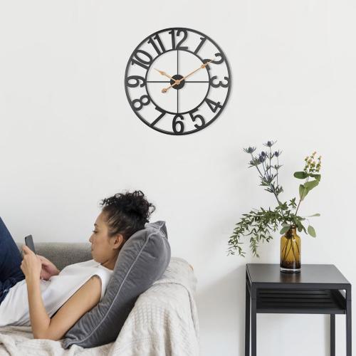 24 Inch Wall Clock for Living Room Decor, Modern Industrial Wall Clocks Battery Operated, Silent Non-Ticking Analog Metal Clock for Dining Room, Bedroom, Home, Office