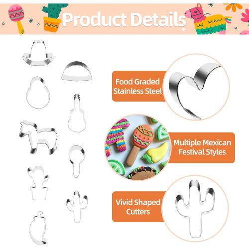 9 Pieces Cinco de Mayo Cookie Cutters Set, Regular Stainless Steel Mexican Fiesta Pinata Cookies Cutter includes Cactus Pepper Taco Avocado Sombrero Maraca Llama Guitar Baking Mold Decorations