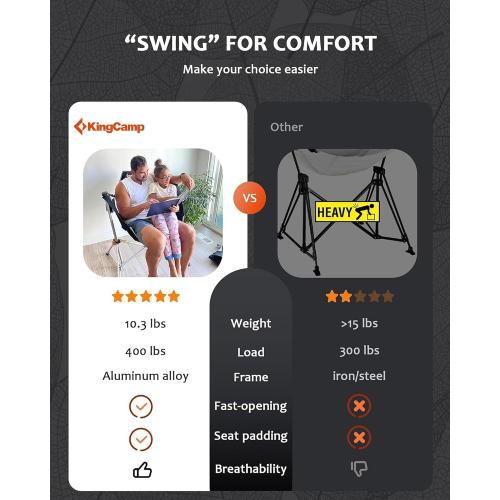 KingCamp Hammock Camping Chair, 400lbs Heavy Duty Swing Chairs for Adults | Portable Camp Chair, Oversized Folding Rocker, 10.3lbs Aluminum Frame, Adjustable recline for Outdoor Beach Patio RV Sport