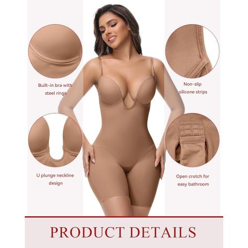 SHAPSHE Low Back Shapewear U Plunge Strapless Bodysuit for Women Tummy Control Built In Bra Thigh Slimmer Body Shaper