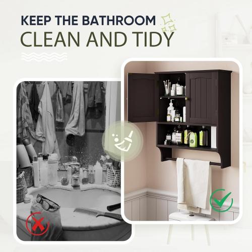 Smuxee Brown Wall Cabinet with Towel Bar - Medicine Cabinet with Adjustable Shelves, Over Toilet Cabinet for Laundry Room Kitchen