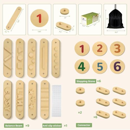 COSYLAND Wooden Balance Beam for Kids - 15 PCS Toddler Balance Beams and Stepping Stones - Sensory Balance Beam for Indoor Obstacle Course, Toys for Kids Age up 18 Months, Number