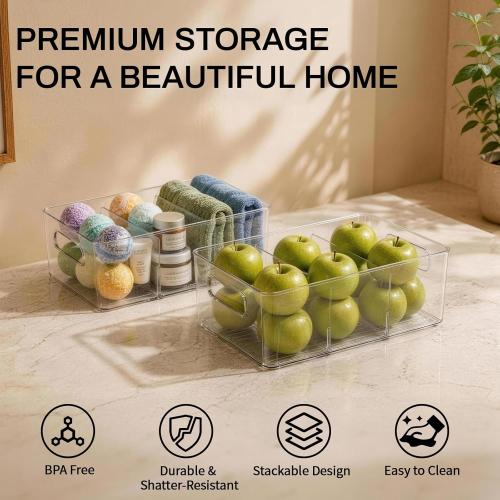 Mpotmiy 6-Pack Pantry Organizers and Storage, Clear Fridge Organizer Bins | Clear stackable plastic bins with removable dividers for packets, snacks, pouches and spices in pantry, fridge or freezer.