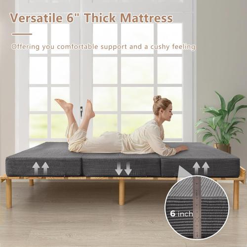 BYBYME Corduroy Tri-Folding Mattress, 6 Inch Gel Folding Mattress Topper, Foldable Soft Guest Bed Camping Pad, Washable Cover (Dark Gray, Full)