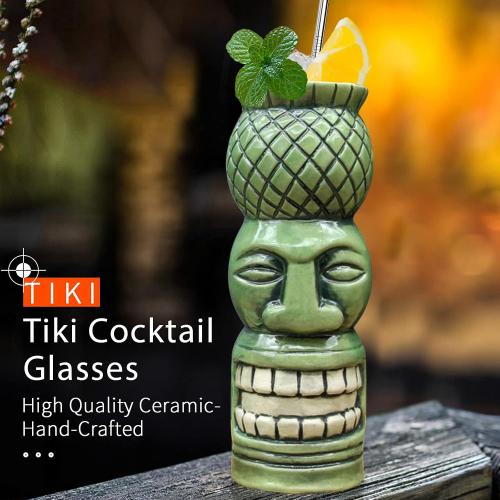 Tiki Glasses for Cocktails Mugs Set of 4 Ceramic Party Cups Bar Decor Creative Large Hawaiian Drinking Bar Decorations Vintage Tropical Drinkware Barware 4 Packs