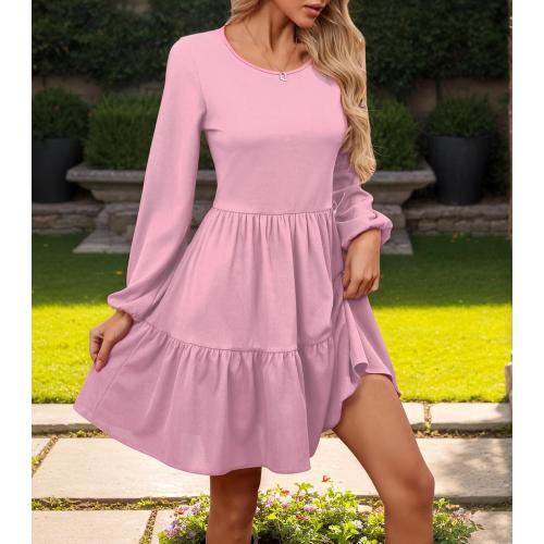 Size XL...Women's Casual Long Sleeve Midi Dress Ruffle Flowy Pleated Tiered Swing A-Line Crewneck Vintage 2025 Fall Winter Dresses
