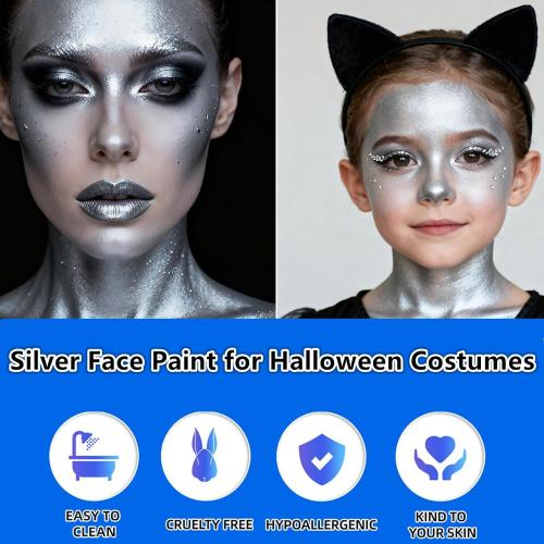 Go Ho Metallic Silver Body Paint Washable(2.37oz/pc),Water Based Cream Silver Face Body Paint,Full Professional Face Paint for Halloween Costumes Festivals Cosplay SFX Makeup
