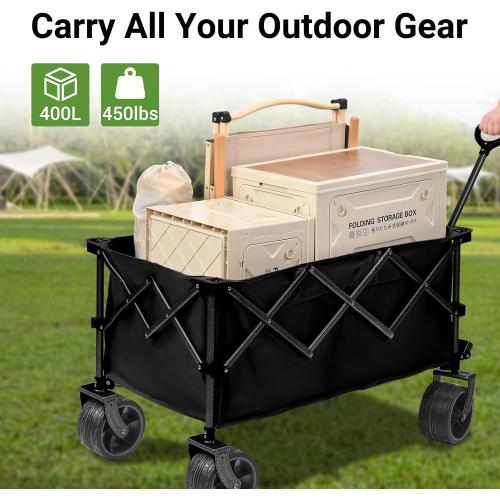 Black 400L Heavy Duty Folding Wagon Cart-450LBS Capacity All-Terrain Beach Cart with Big Wheels & Drink Holders-Push/Pull Utility Cart for Groceries, Camping, Sports, Shopping (Black)