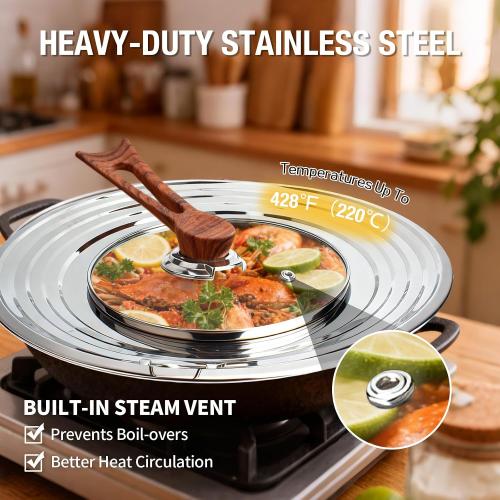 Najor Universal Lid for Pots, Pans and Skillets, Pot Lid With Wooden Standable Handle And Tempered Glass, Fits 8.25, 9, 10, 11, 12 Diameter Pots and Pans