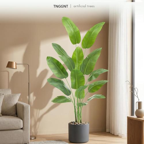 Artificial Bird of Paradise Plant：7FT Tall Fake Traveler’s Palm Tree | Faux Banana Tree Elephant Ear Leaf Silk Floor Plant in White Pot for Home Decor Indoor Office Entryway Balcony Patio café