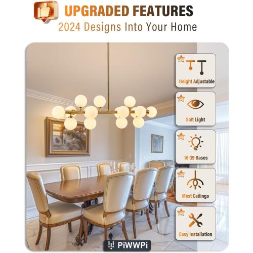 Glass Globe Sputnik Chandelier, 16-Light Mid Century Modern Light Fixture Over Table, Linear Chandeliers for Dining Room, Kitchen Island, Brass Gold and Milk White Bubble, 40 Inch, GC-02