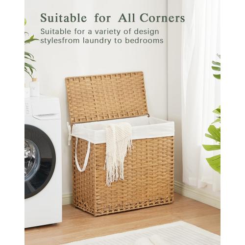 SETVSON Laundry Hamper with Lid Laundry Basket 132 L (35 Gal) Wicker Clothes Hamper, Handwoven Rattan Hamper with Handles and 4 Removable Liner Bags, 6 Mesh Bags for Laundry Bedroom Natural