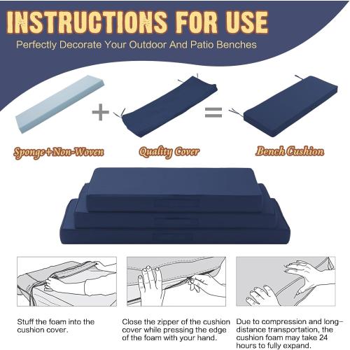 YIJIAN HOME Outdoor Bench Cushion 4 inches Memory Foam Waterproof Patio Furniture Bench Cushion Porch Swing Cushion with Handle and Adjustable Strap, 60 x 18 Inch Navy
