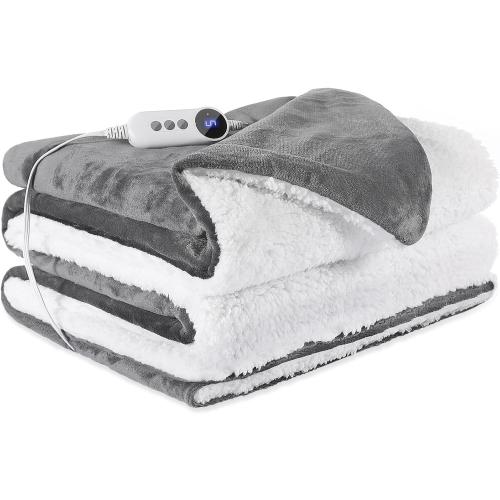 Electric Heated Blanket Throw Soft Cozy Sherpa Fabric Dual-Sided, 9 Heat Settings & 2-10 Hours Auto Off, Warming Heated Throw for Home Office, Machine Washable, Gray