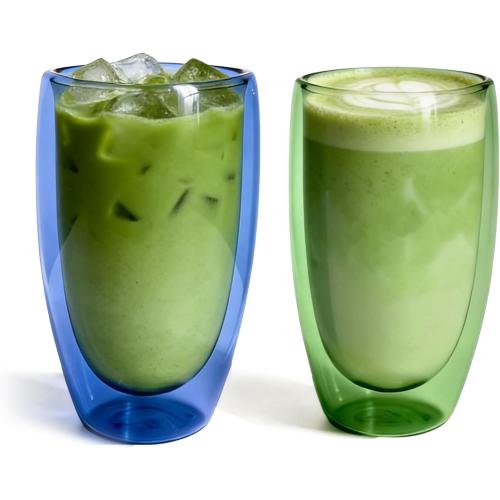 Double Wall Glass Cup Set of 2 - Insulated Coffee Mug for Hot&Cold Drinks - for Home Café Iced Matcha, Coffee, Mixed Drinks, Colored Premium Borosilicate Glass in Ocean Blue/Botanic Green